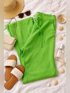 H&M Bright Green Crinkle Wide Leg Pants NWT Size Small | Drawstring Waist Summer